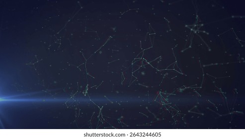 Floating abstract network visualization with glowing nodes and filaments in dark void, lens flare. Technology, innovation, digital, connectivity, futuristic, pattern, cyberspace