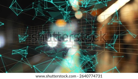 Floating abstract turquoise network nodes and lines in blurred corridor, with grid overlay. Technology, connectivity, data, innovation, cyberspace, digital, networking