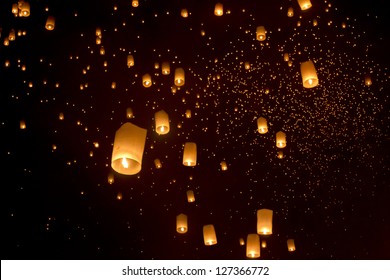 Floating asian lanterns in Yee-Peng festival ,Chiang Mai  Thailand