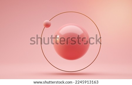 Floating ball with golden ring and orbital sphere. Pink color. 3d render
