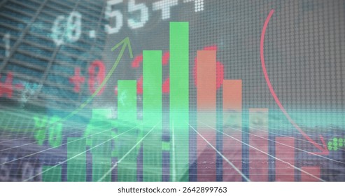 Floating bar chart over grid in atrium, with green red bars, numeric data and trend arrows. Abstract, data visualization, analytics, investment, finance, modern, minimalistic