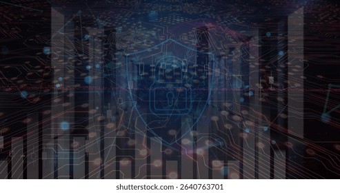 Floating blue shield with lock icon in data visualization, circuit traces, data charts and servers. Cybersecurity, data, protection, technology, digital, innovation, network