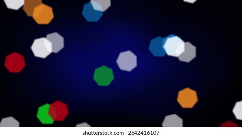 Floating blurred polygonal bokeh shapes filling deep navy backdrop, with colorful light highlights. Abstract, vibrant, luminous, geometric, digital, dynamic, modern