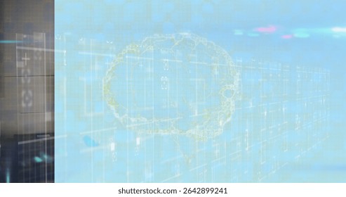Floating brain hologram glowing over data center binary code grid with server racks, light flares. Technology, artificial intelligence, data infrastructure, digital visualization, futuristic,
