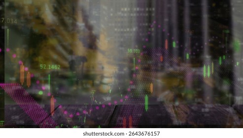 Floating candlestick charts above wood tabletop, with purple trend lines, bars and numeric labels. Finance, investment, technology, analytics, business, data, digital