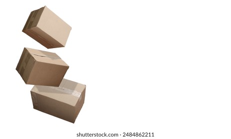 Floating Cardboard Boxes with Empty Copy Space, Shipping and Delivery Concept, Isolated on a white background