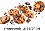 Floating Chocolate Chip Cookies with Chunks on White Background – High Res"