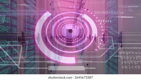 Floating circular interface overlay in data center aisle, with server racks, LEDs, numeric data. Futuristic, technology, digital, cybersecurity, innovation, networking, industrial