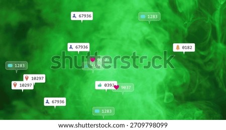 Floating cluster of social alert bubbles drifting on digital green vapor backdrop, showing counters. Icons, badges, neon, emerald, vector, graphic, glow
