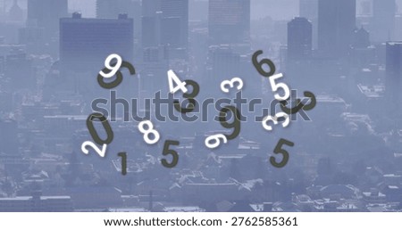 Floating cluster of stylized numerals hovering above downtown skyline, muting city detail with haze. Digits, glyphs, typography, urban, cityscape, overlay, layered