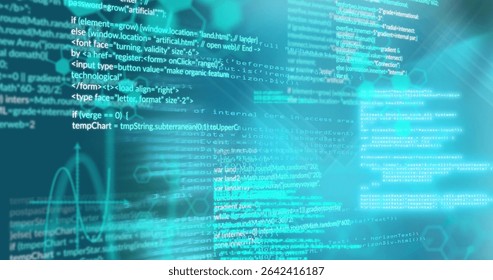 Floating code streaming over interface, showing HTML or CSS or JavaScript, hex grid and waveform overlays. Cyber, futurism, technology, innovation, digital, abstract, interface