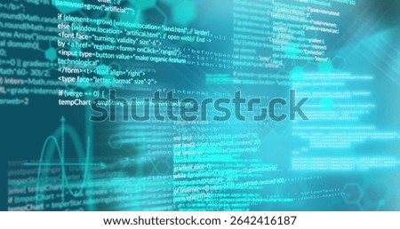 Floating code streaming over interface, showing HTML or CSS or JavaScript, hex grid and waveform overlays. Cyber, futurism, technology, innovation, digital, abstract, interface