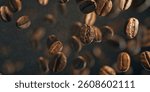 **  
Floating coffee beans,  
dark background,  
dynamic composition,  
rich textures,  
warm tones.

**