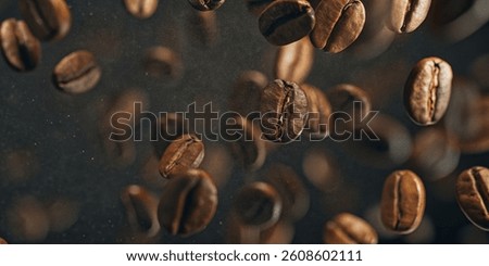**  
Floating coffee beans,  
dark background,  
dynamic composition,  
rich textures,  
warm tones.

**