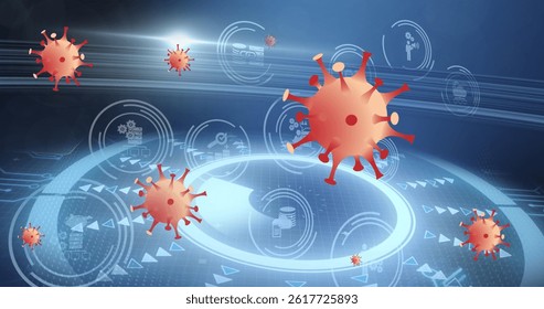 Floating red‑orange coronavirus particle drifting on digital UI with UI icons and grid, copy space. Medical technology, data visualization, digital interface, virtual reality, futuristic design,