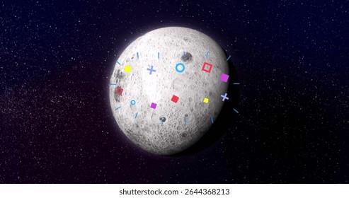 Floating cratered Moon-like sphere rotating in outer space, with colorful geometric shape overlays. Celestial, abstract, futuristic, cosmic, minimalistic, vibrant, digital