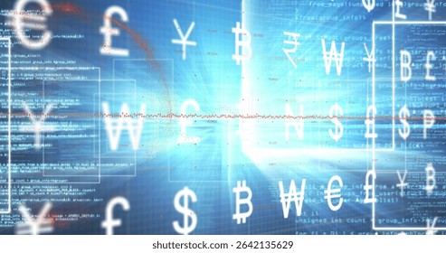 Floating currency symbols gliding across trading platform, with blue grid, code and red waveform. Finance, technology, digital, blockchain, investment, data, abstraction