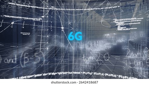 Floating cyan 6G symbol in 3D grid environment, with binary digits, formulas and graphs. Technology, innovation, digital, connectivity, networking, virtual, futuristic - Powered by Shutterstock - Get 15% off with code: PIKWIZARD15