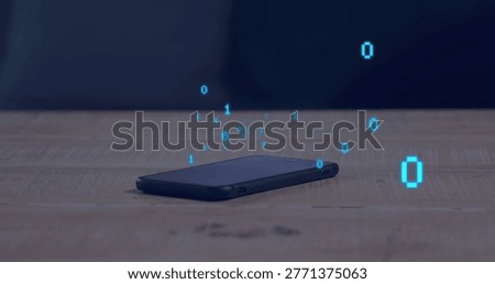 Floating cyan binary digits shimmering above black smartphone lying on worn tabletop, dark backdrop. Phone, desk, wood, grain, holographic, glow, blue