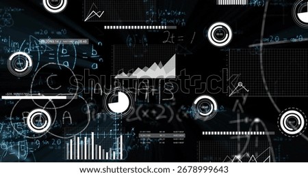 Floating dashboard displaying line graphs bar charts pie chart progress indicators and equations. Technology, analytics, futuristic, innovation, digital, data, interface