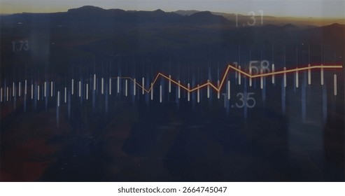 Floating data overlay over mountain ridge at dusk, with white bars, yellow trend line and labels. Landscape, visualization, analytics, data, gradient, silhouette, twilight