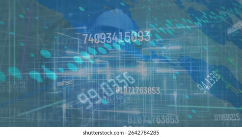 Floating data visualization streaming across digital interface world map outline, codes and grids. Futuristic, tech, cyber, digital, network, connectivity, information