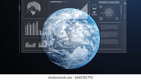 Floating digital 3D Earth hovering over deep space control interface, with bar and line charts. Technology, data visualization, interface, innovation, space environment, analytics, digital