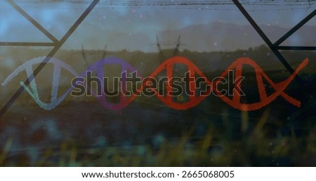 Floating digital DNA helix drifting across rural field, with power pylons and wild grasses. Futuristic, biotech, energy, landscape, digitalart, harmony, innovation