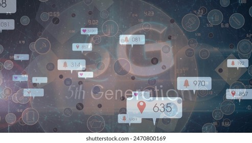 Floating digital icons and numbers are overlaying blurred background. Representing modern technology, these elements suggest data processing or virtual interaction