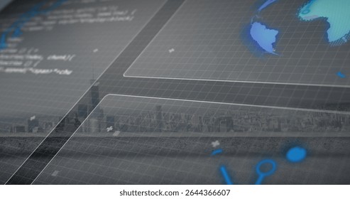 Floating digital interface over city skyline, showing grid, code snippets, blue world map and icons. Futuristic, technology, visualization, dashboard, data, urban, digital