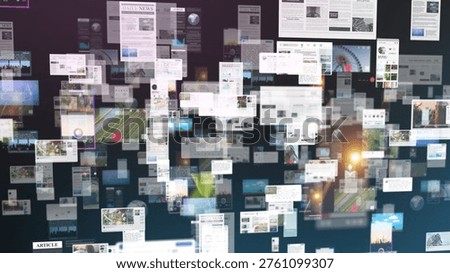 Floating digital interfaces and mobile screens create a layered collage of social media feeds, news articles, and online content, visualizing information flow and modern digital consumption habits.