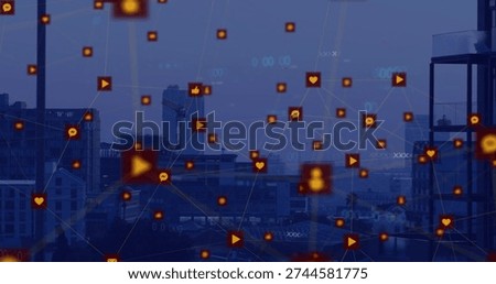 Floating digital network overlay lighting urban skyline at dusk, with orange icons and glass tower. Cityscape, twilight, neon, connectivity, dataflow, futuristic, silhouettes