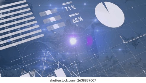 Floating digital overlays presenting virtual workspace, with bar chart, pie chart and lens flare. Futuristic, visualization, technology, interface, data, analytics, immersive