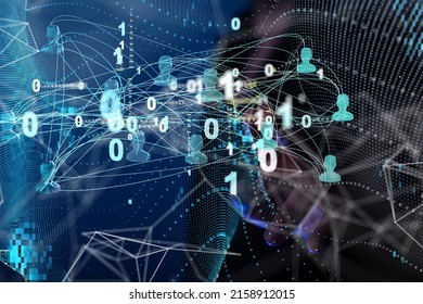 A floating digital render of a blue white network of binary code and profile icons