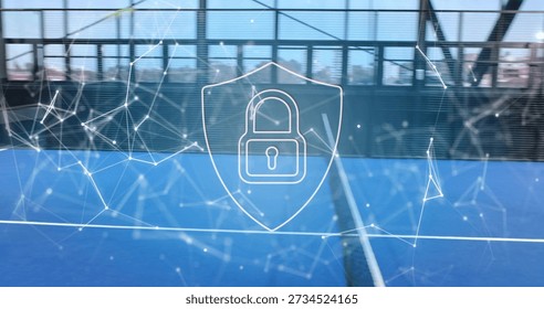 Floating digital shield with padlock hovering over blue court at gym, showing net and glass overlay. Arena, surface, cerulean, panels, grid, network, cyber