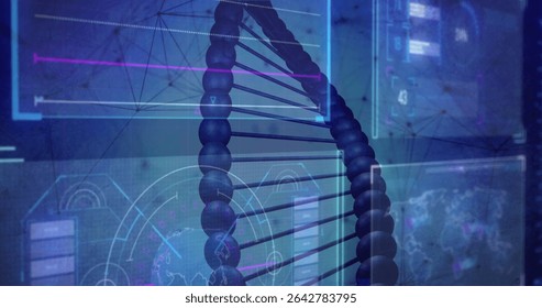 Floating DNA double helix drifting in virtual lab, with line graph on holographic screens. Futuristic, innovation, science, technology, digital, research, visualization