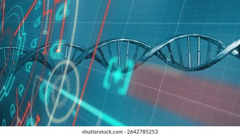 Floating DNA double helix over blue grid, showing neon data lines, circular interface, red streams. Futuristic, technology, digital, innovation, science, data visualization, virtual
