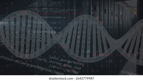Floating DNA helix in data center aisle, showing server racks, Ethernet cables, malware code. Cybersecurity, technology, digital, innovation, network, protection, futuristic