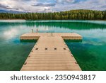 A floating dock at Boya Lake in Tā Ch’ilā Provincial Park in northern British Columbia