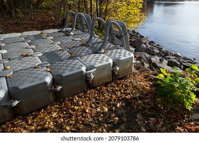 A Floating Dock In Storage Before The Winter On A Lake Shore