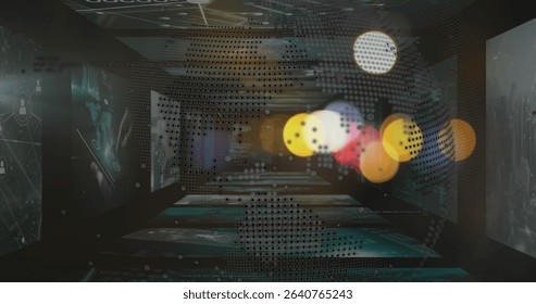 Floating dot-matrix globe hovering in futuristic data tunnel, translucent screens, network icons. Technology, innovation, cyberspace, connectivity, digital, abstract, immersive - Powered by Shutterstock - Get 15% off with code: PIKWIZARD15