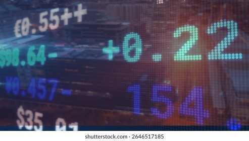 Floating dot-matrix ticker showing prices and % changes over city skyline, with currency symbols. Financial data, stock market, digital interface, urban economy, technology, business, investment