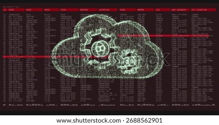 Floating dotted-line cloud icon over dark red text columns with red scan lines, [REDACTED] gears. Cybersecurity, data protection, digital security, network infrastructure, information technology