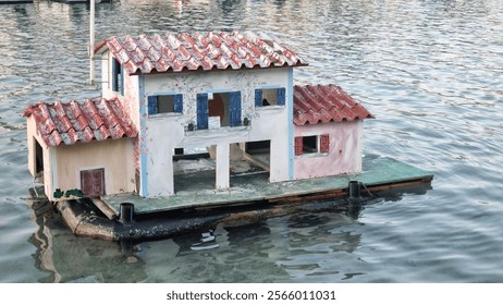 A floating duck house with red roof tiles on calm sea water - Powered by Shutterstock