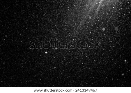 Floating dust particles. White dust texture on a black background. Snowflakes falling at night from the sky. Great Dust speckle texture background.