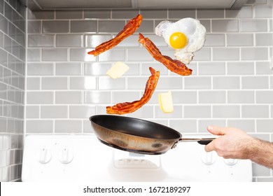 Floating egg, bacon, and butter above a frying pan representing the ketogenic diet