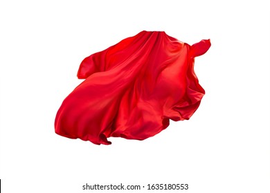 Floating Elegance Glamour Silk Skirt Long Train. Beautiful Flowing Fabric Flying Wind. Red Wavy Satin. Abstract Element Cloth Design. Image Isolated White Background. Natural Soft Light