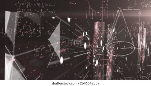 Floating equations and wireframe shapes swirling in grid, with light particles, marker strokes. Abstract, futurism, digital art, scientific, visualization, engineering, high-tech