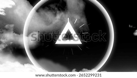 Floating equilateral triangle casting glow amid swirling clouds, with halo radiating light rays. Abstract, futuristic, minimalistic, spiritual, mystical, illumination, digital art