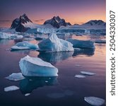 "Floating Glacial Icebergs at Twilight" captures the serene beauty of majestic icebergs drifting in calm, twilight waters. The scene is bathed in a soft, ethereal light as the setting sun casts.